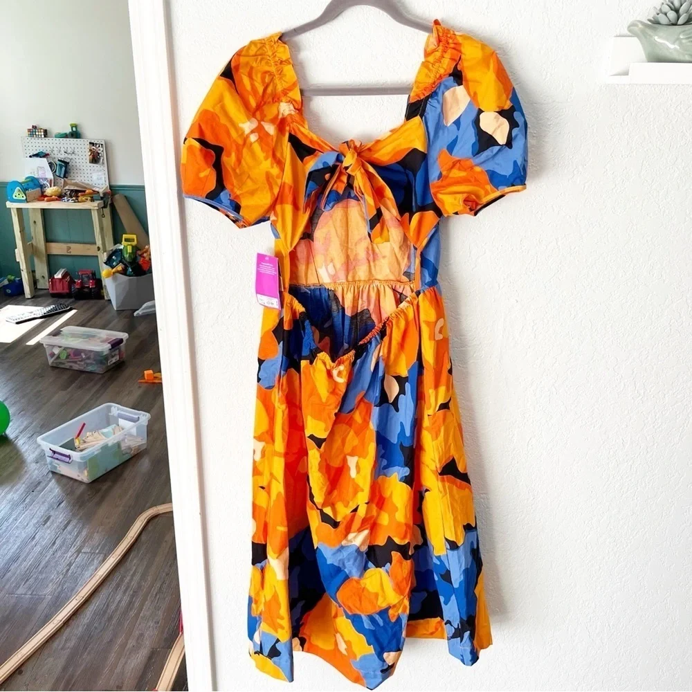 Tabitha Brown Dress Women's 14 Orange Blue Floral Back Cut Out Midi NWT - Picture 7 of 10